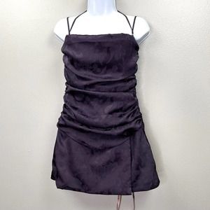 House Of CB Melia Lace-up Woven Mini Dress Womens Medium Purple Floral Jacquard